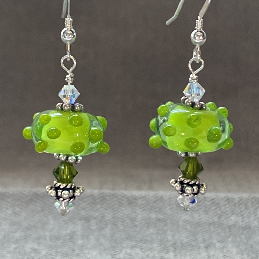 Lamp-work bumpy glass Earrings dangle Swarovski Crystal green